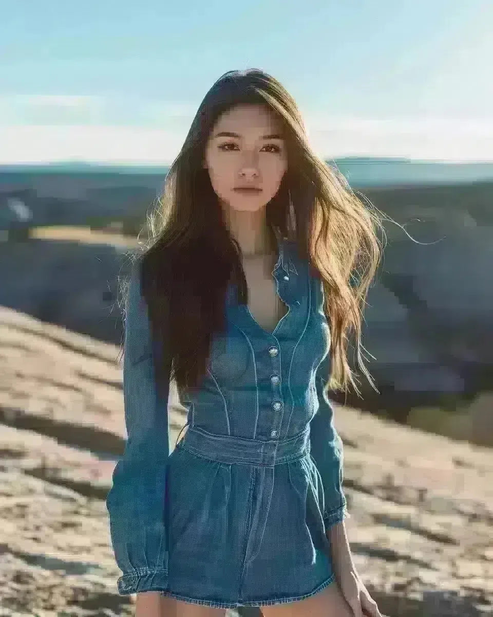 Asian woman in denim dress poses at Enchanted Rock, Texas. Winter  season.