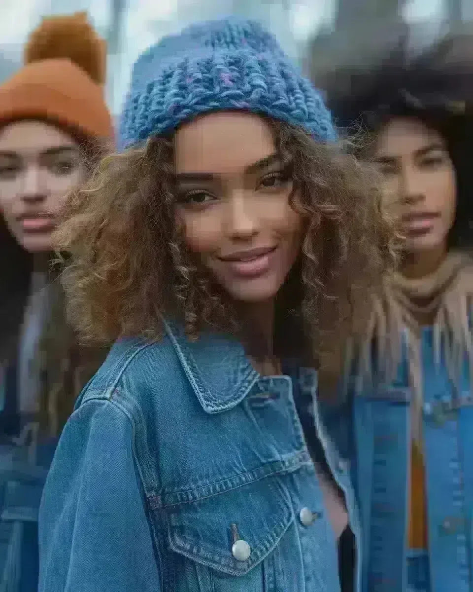 Diverse women in denim jackets, outdoor urban setting, sustainable fashion theme. Late Winter  season.