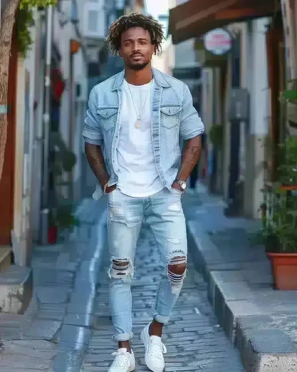 Confident man in blue ripped jeans, urban outdoor setting, diverse vibe. Spring season.