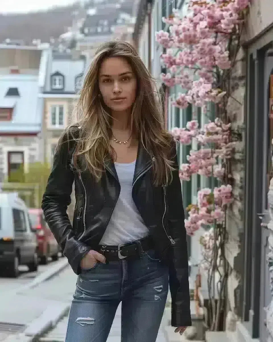 Woman in smart denim biker jeans, historic Quebec street background. Spring season.
