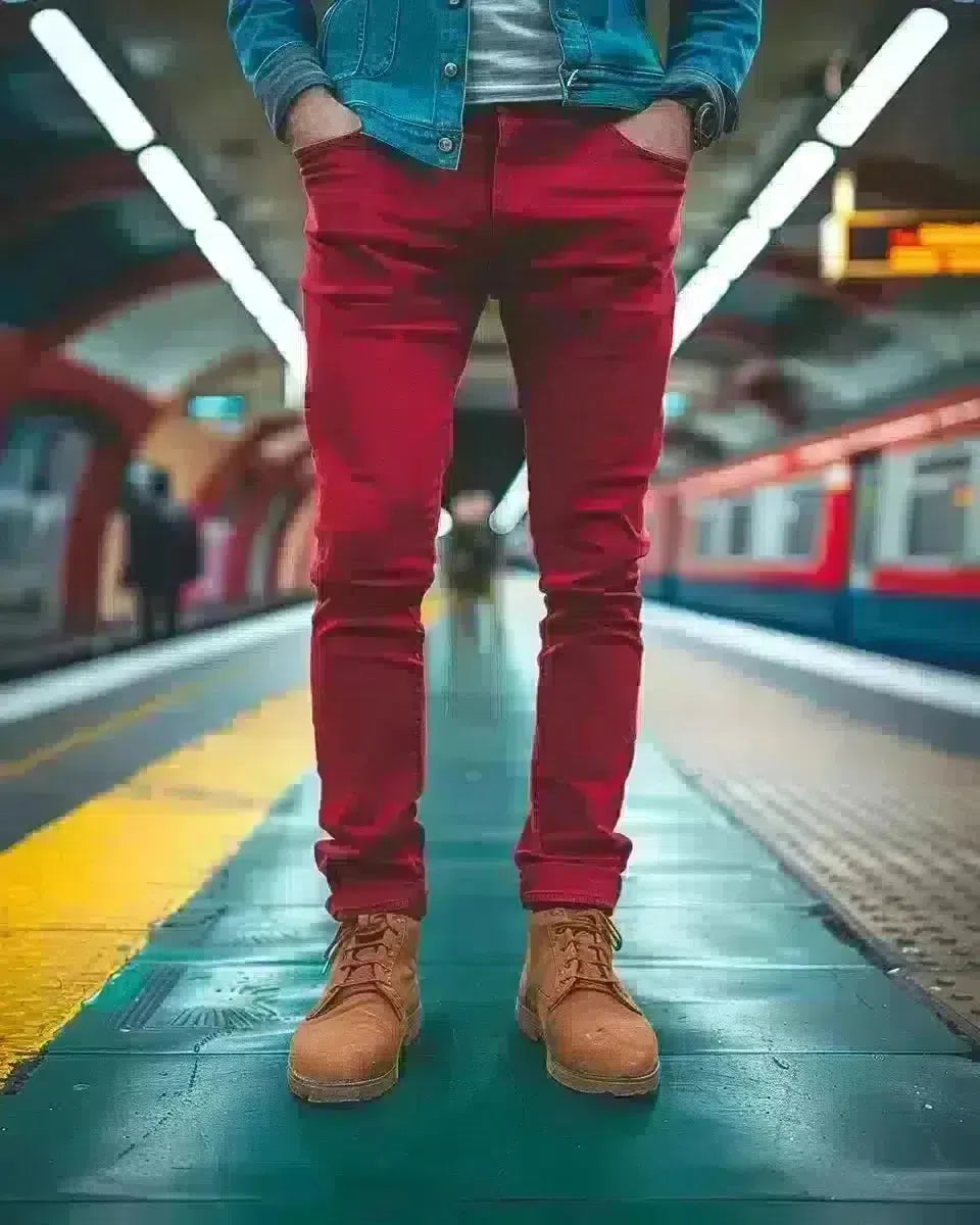 Modern man in red jeans, confident at York railway station, denim detail. Spring season.