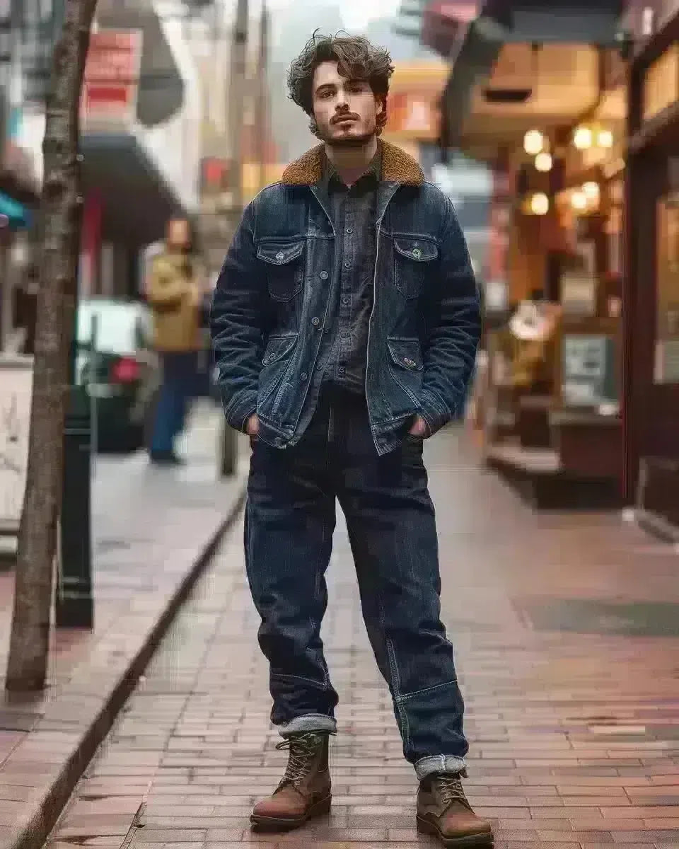Modern man in tailored denim jumpsuit with distressed edges on Wellington street. Winter  season.