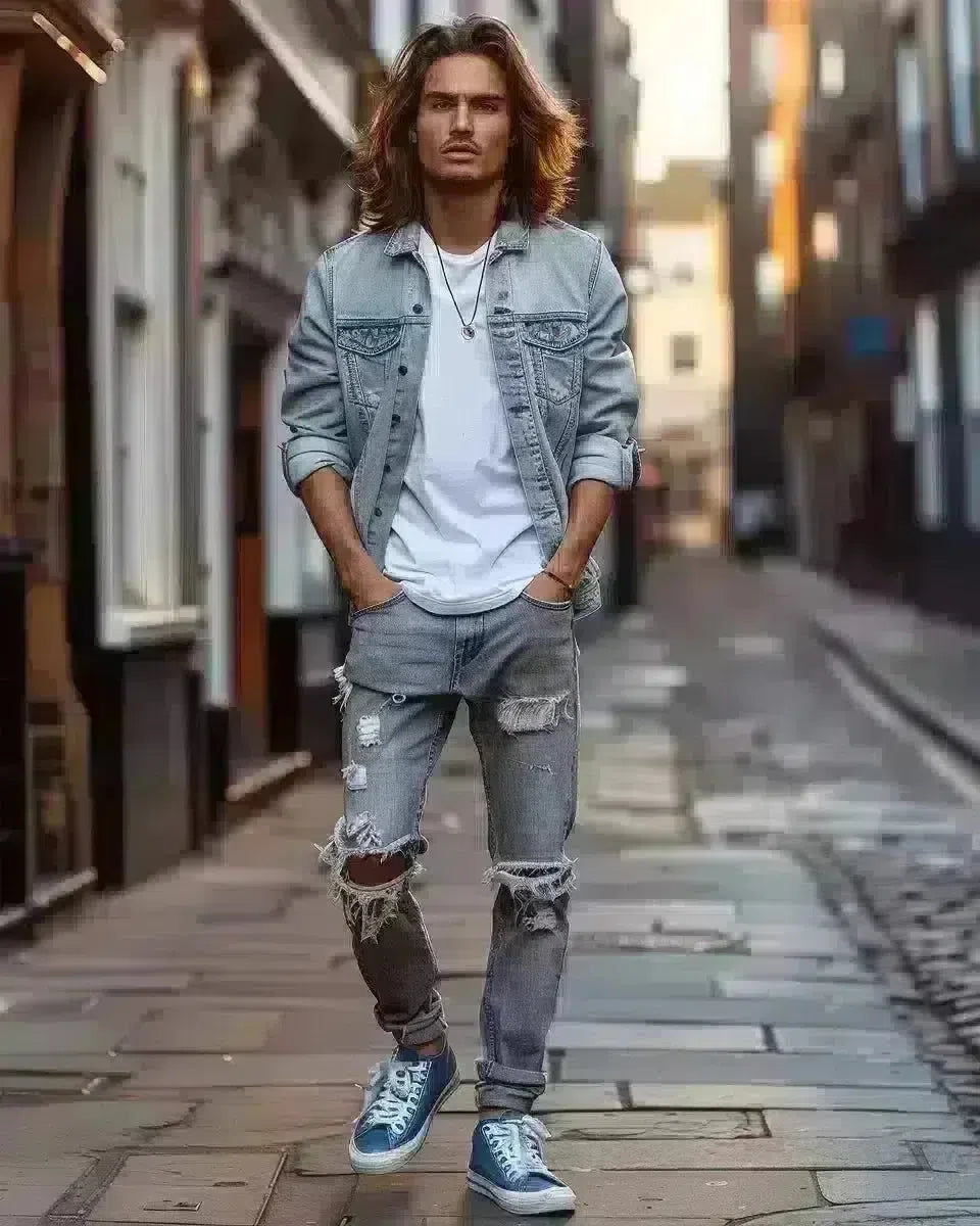 UK male model in grey ripped jeans, white tee, blue sneakers, sunlit alleyway. Spring season.