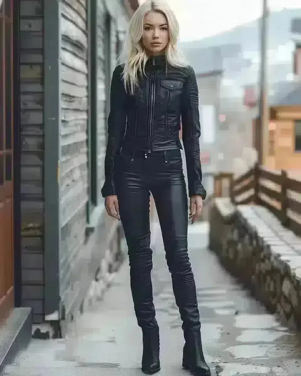 Confident woman in Kevlar-lined biker jeans, urban outdoor setting. Spring season.