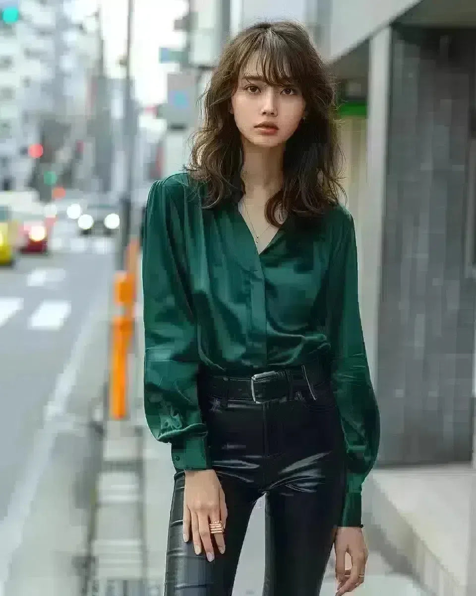 Sleek woman in black coated jeans and emerald blouse, urban outdoor Japan. Spring season.