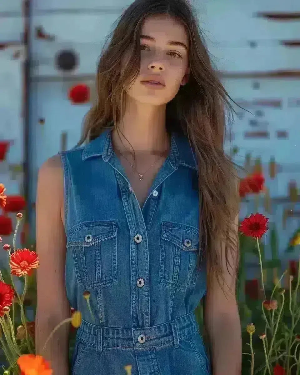 Outdoor photo of a woman in a denim jumpsuit, urban background. Spring season.