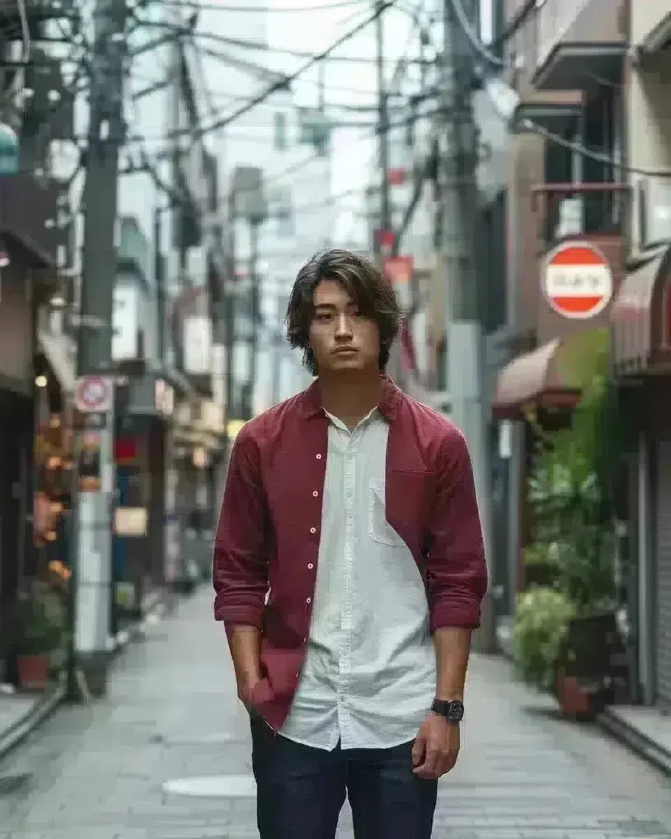 Indigo slim-fit jeans, white shirt, Asian male, outdoor Tokyo street. White shirt and red color denim.