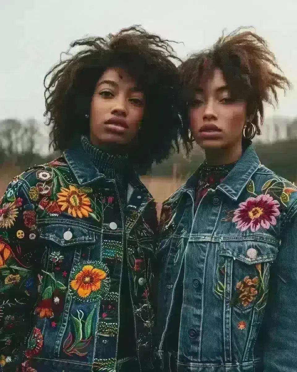 Diverse women in embroidered denim jackets, Southeast English sunset backdrop. Late Winter  season.