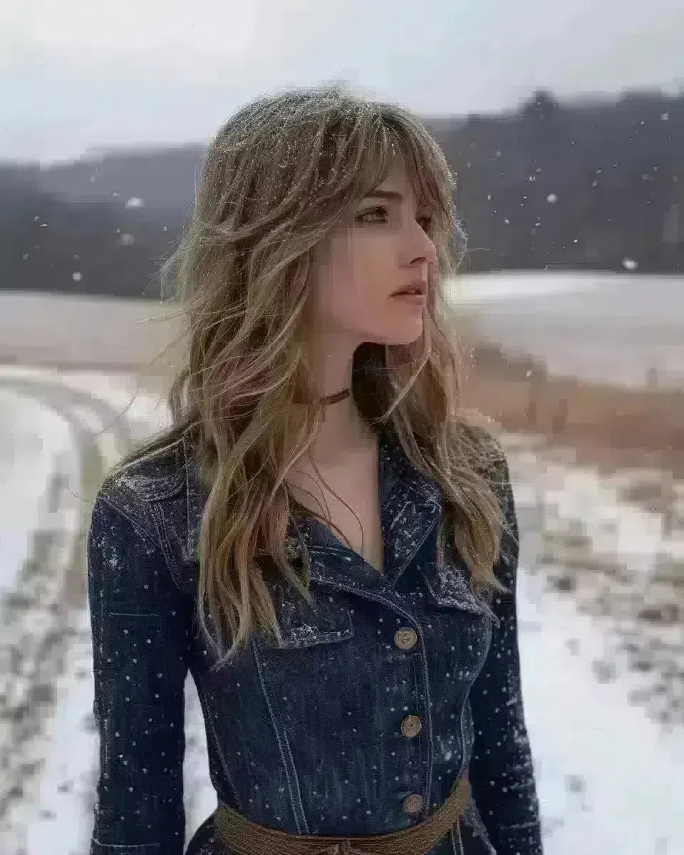 Pennsylvania backdrop, woman in tech-style denim dress. Late Winter  season.