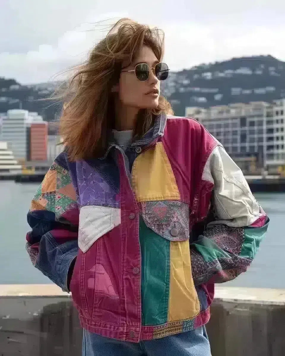 80s women's denim jackets, oversized, patchwork, Wellington esplanade backdrop. Spring season.