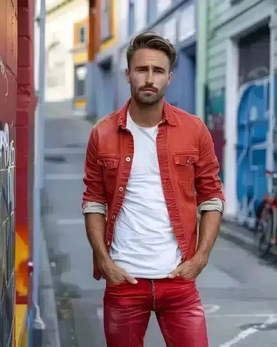 Stylish man in red jeans, urban background, Wellington NZ. Spring season.