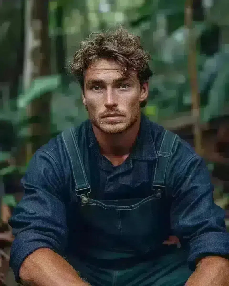 Man in indigo long sleeve denim overalls, sophisticated, Queensland rainforest backdrop. Late Winter  season.