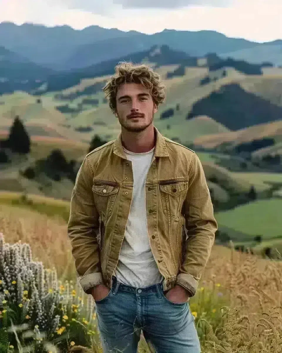 New Zealand male in sustainable high-waisted jeans against Waikato's green hills. Spring season.
