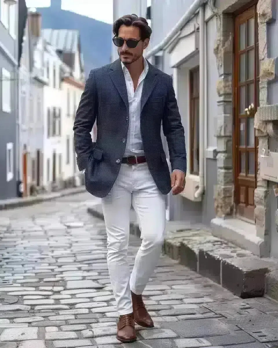 Man in tailored white jeans, casual elegance, Quebec cobblestone street background. Spring season.