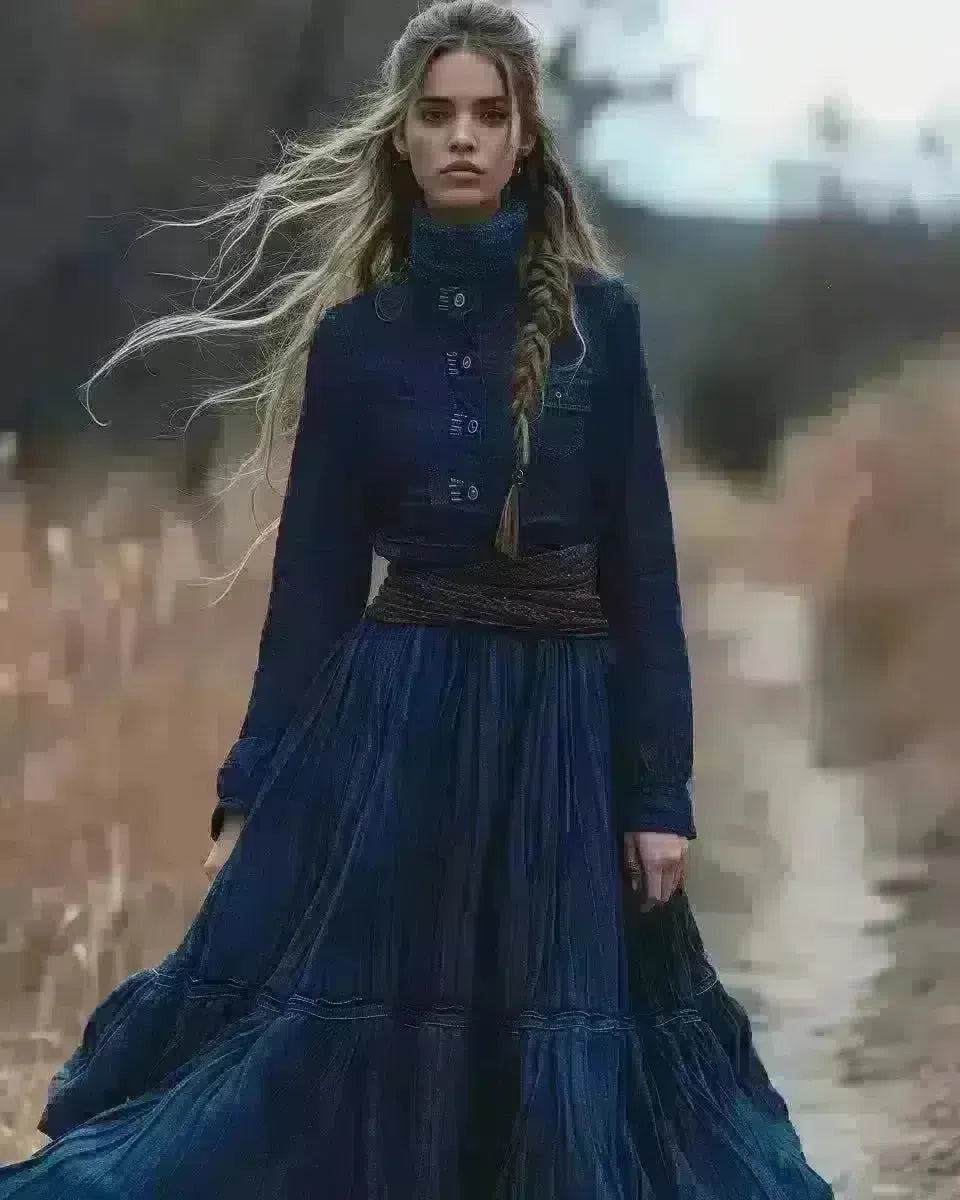 Elegant long denim skirt on a diverse model outdoors, textured ethnicity, indigo hue. Winter  season.