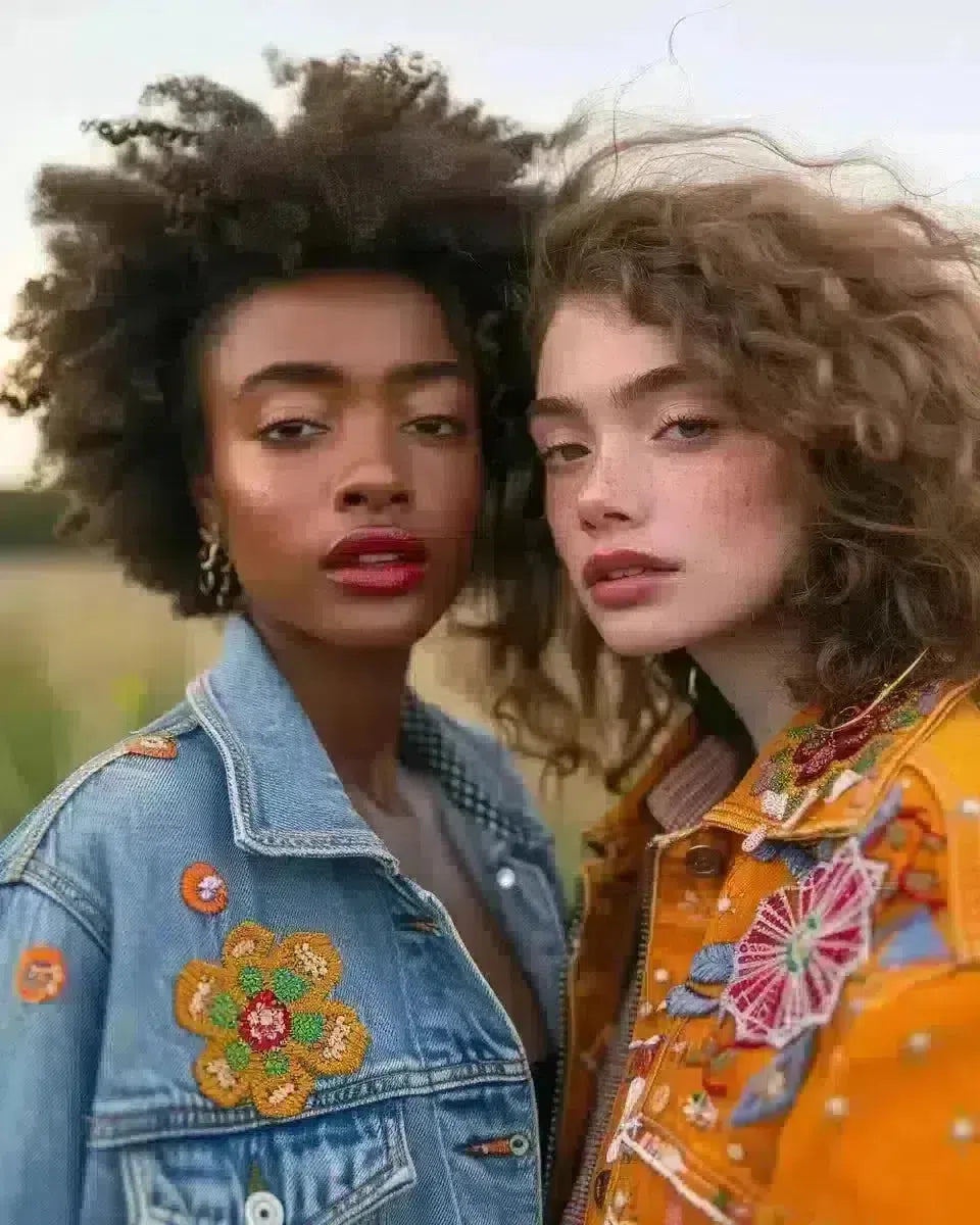 Diverse women in ethnic embroidered denim jackets outdoors, culturally-rich backdrop. Spring season.