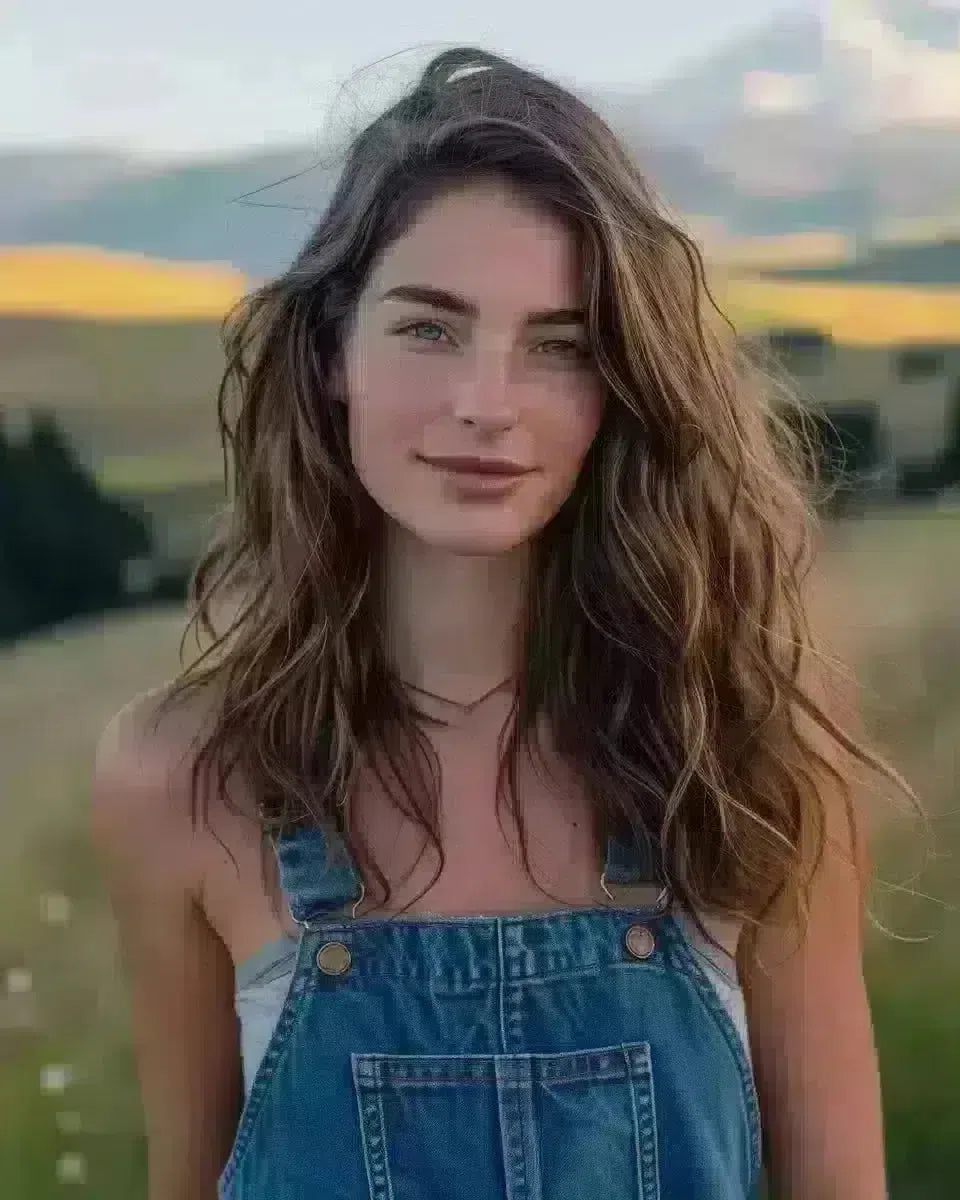 New Zealand woman in blue denim overalls, Waikato backdrop. Late Winter  season.