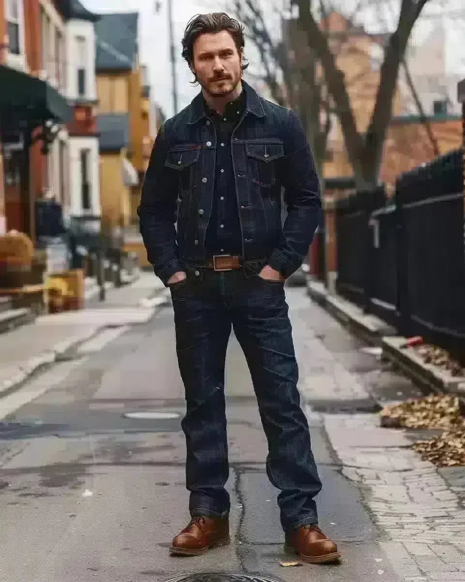 Canadian man in well-worn heavyweight selvedge denim jeans on Ontario street. Spring season.