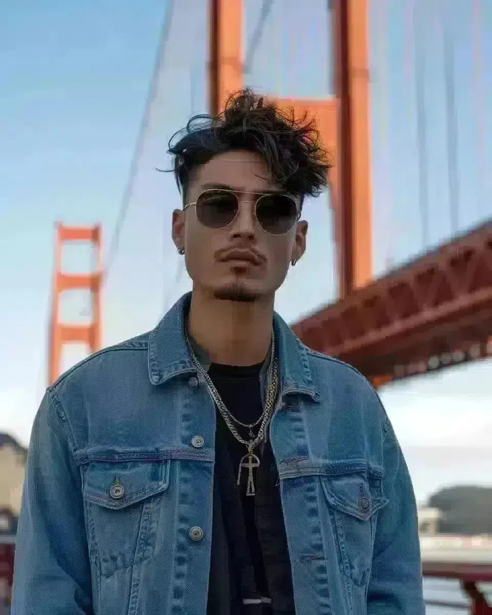 Mixed ethnicity male models oversized denim jacket at Golden Gate Bridge. Spring season.