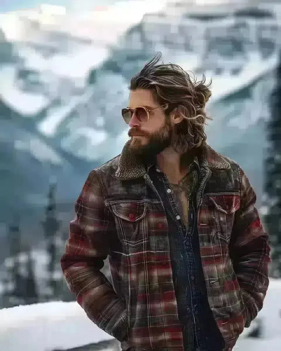 Stylish man in casual jeans, Alberta Rockies backdrop. Spring season.