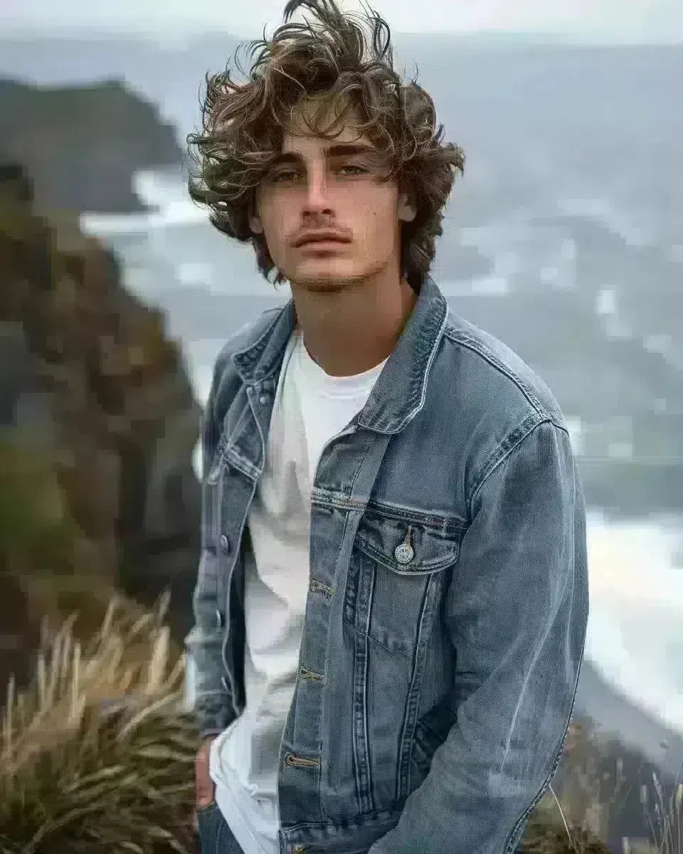 Male model in oversized denim jacket on Waikato cliffs, New Zealand. Spring season.