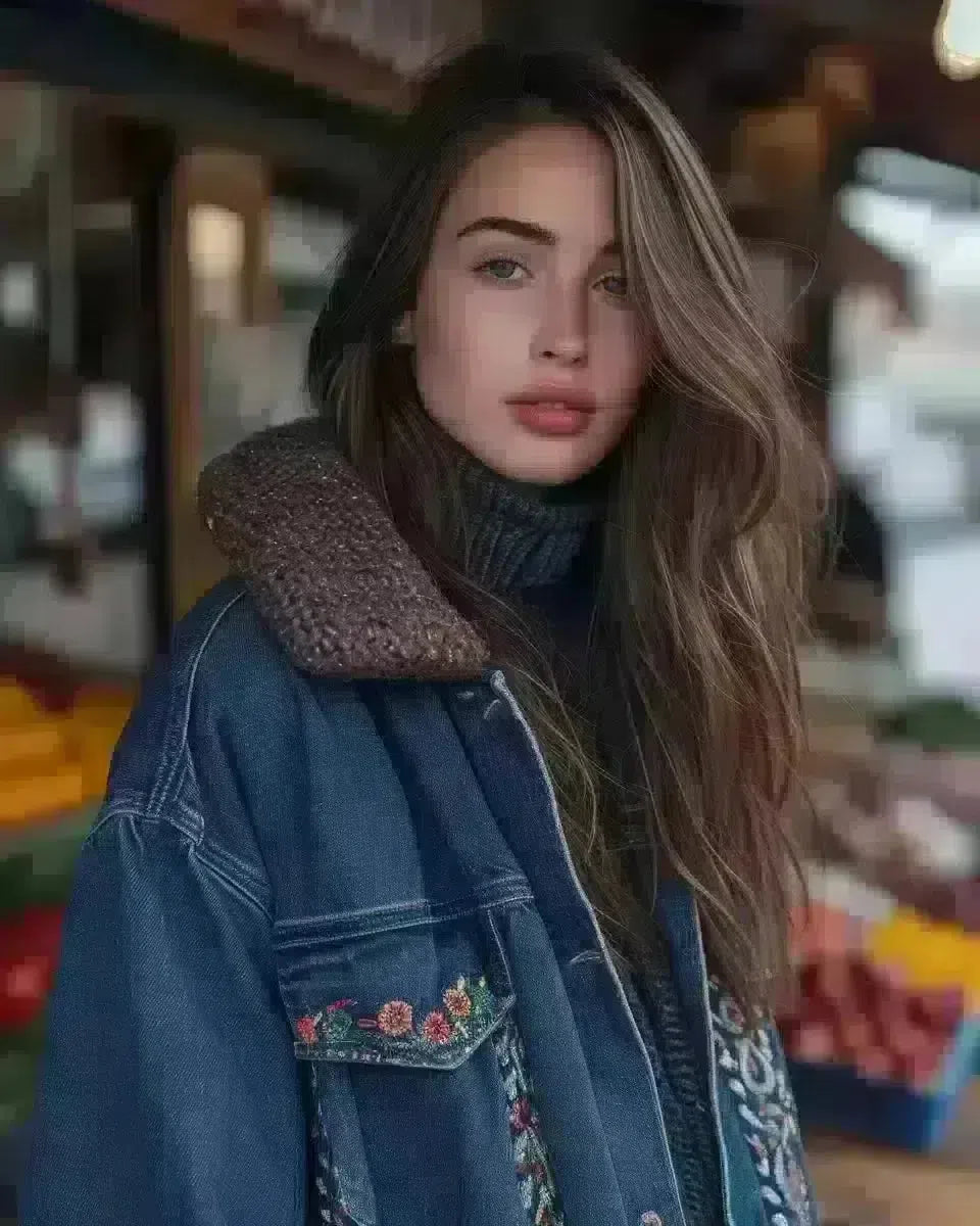 Female model in embroidered denim jacket, ethnic outdoor market background. Late Winter  season.