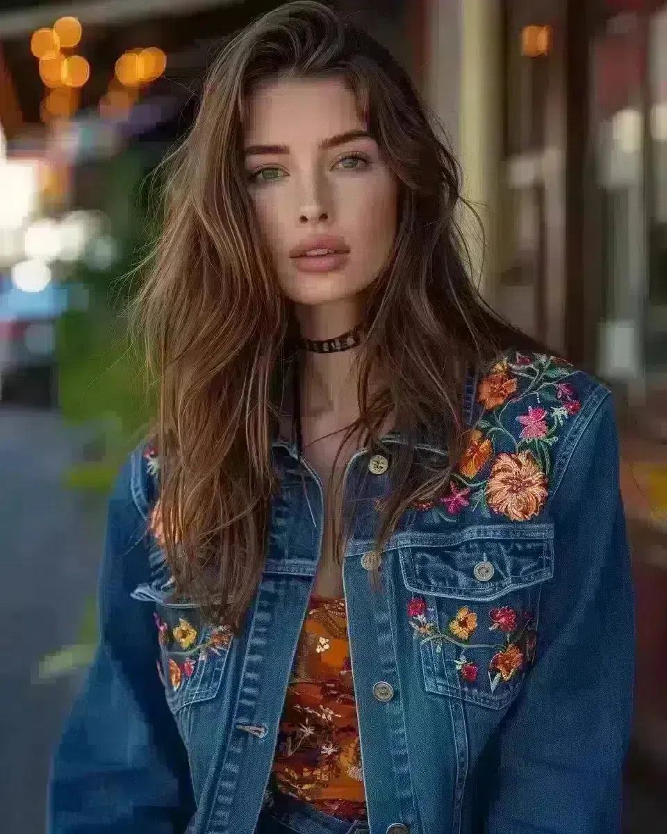 Elegantly posed woman in embroidered denim jacket on Auckland street. Late Winter  season.