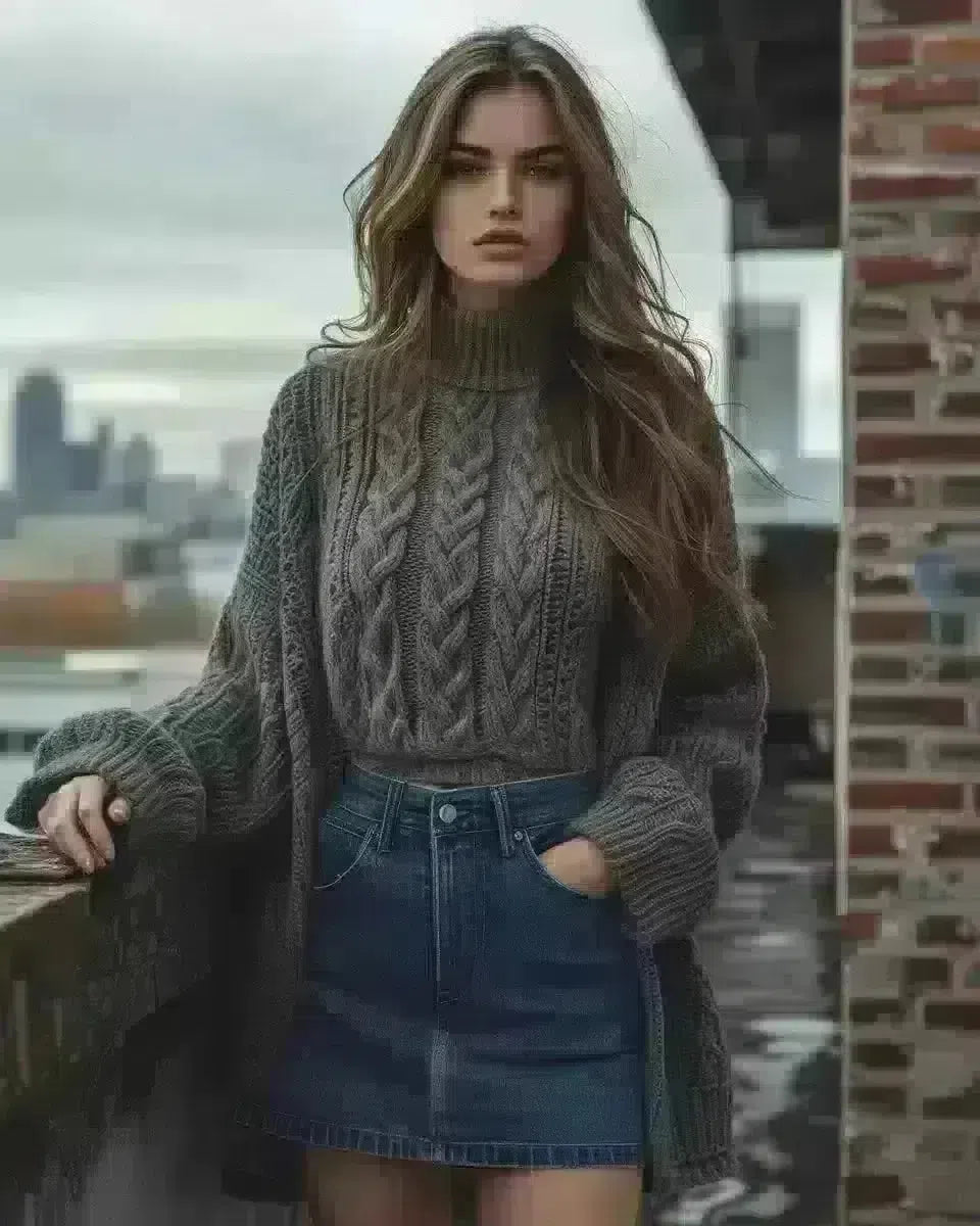 Elegant woman in denim skirt, timeless style, outdoor urban setting. Late Winter  season.