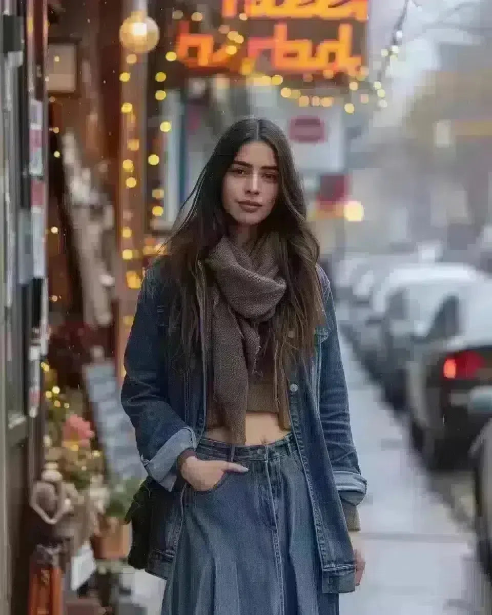 Middle Eastern woman in slit denim skirt walks in Toronto's Kensington Market. Winter  season.