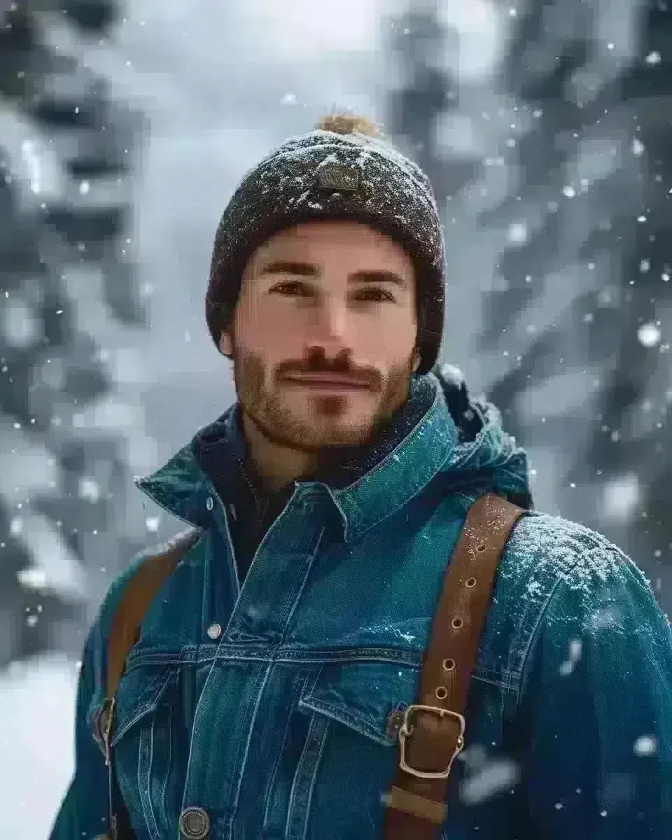 Handsome man in denim jumpsuit with suspenders, outdoors. Winter  season.