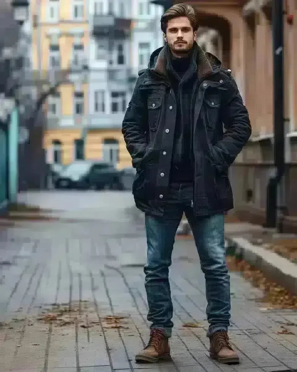Male model in slim-fit stone-washed jeans, urban outdoor background. Late Winter  season.