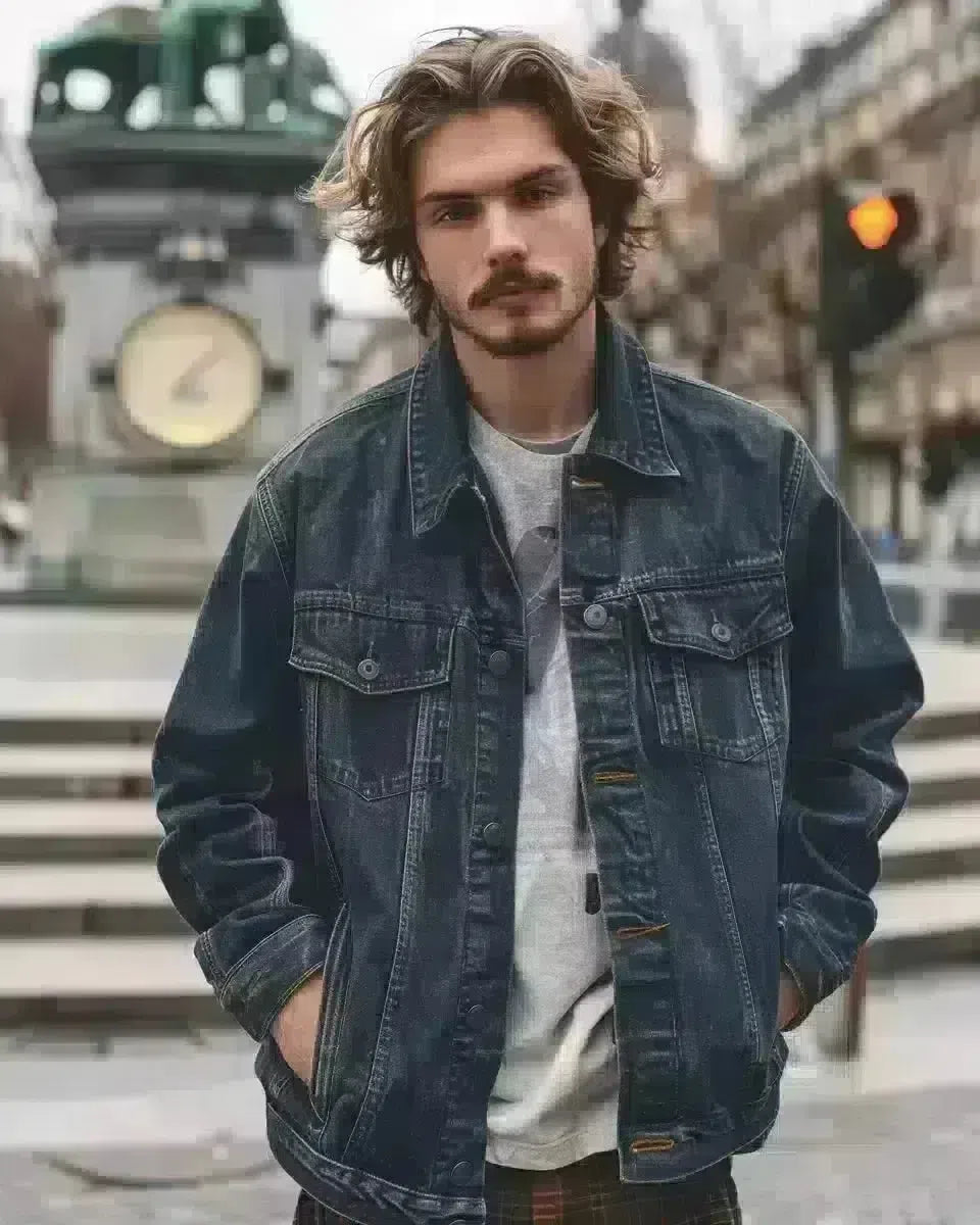 Male model in indigo bomber denim jacket, casual, near an iconic local landmark. Spring season.