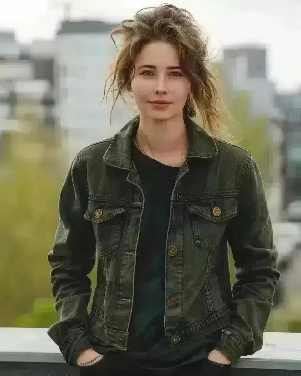 Eco-chic woman in tailored green denim jacket with brass buttons, outdoor urban backdrop. Spring season.