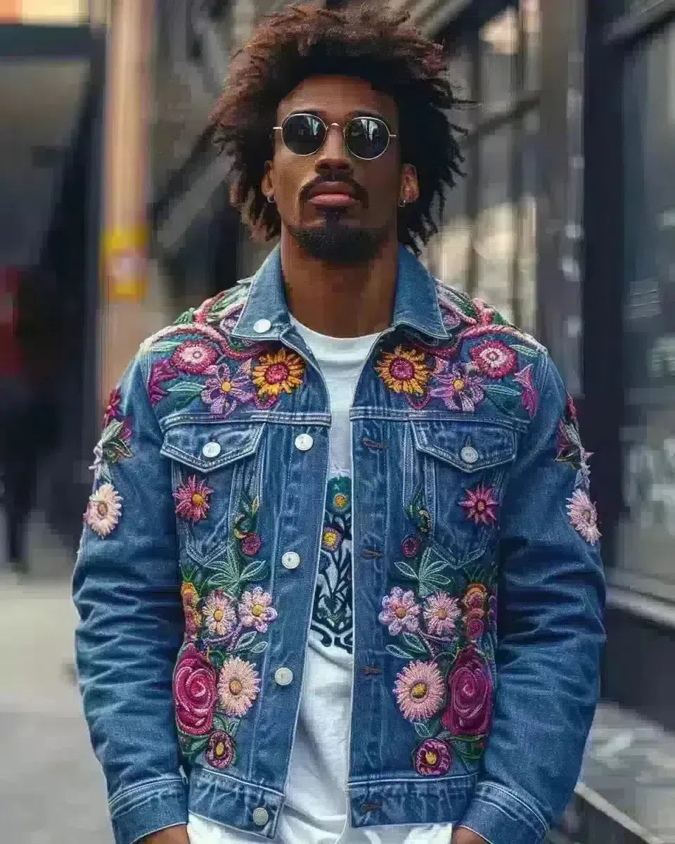 Man in vibrant embroidered denim jacket, California street background. Spring season.