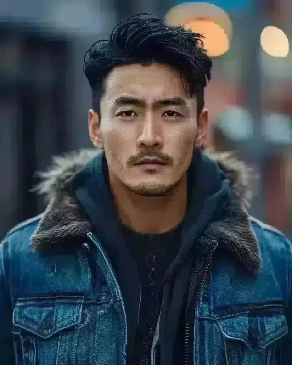 Asian man in denim bomber jacket, urban backdrop. Winter  season.