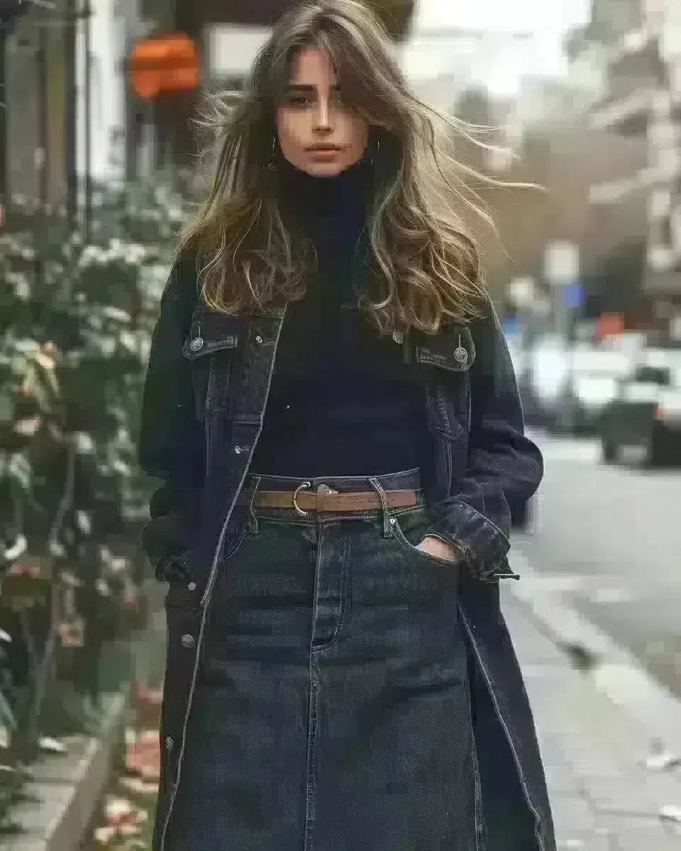 Female in long denim skirt, urban outdoor backdrop, timeless style. Winter  season.