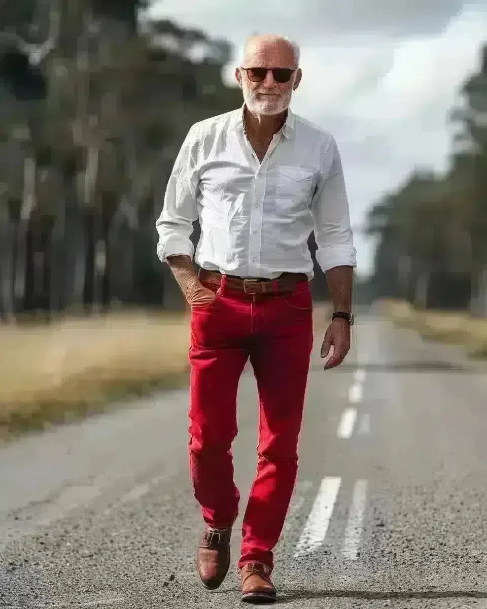 Australian man in red jeans and white shirt, walking in New South Wales. Spring season.