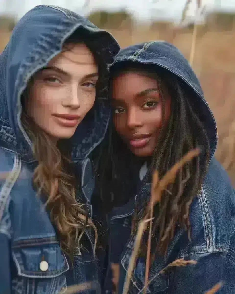 Diverse women in hooded denim jackets, outdoor iconic [Country's name] setting. Spring season.