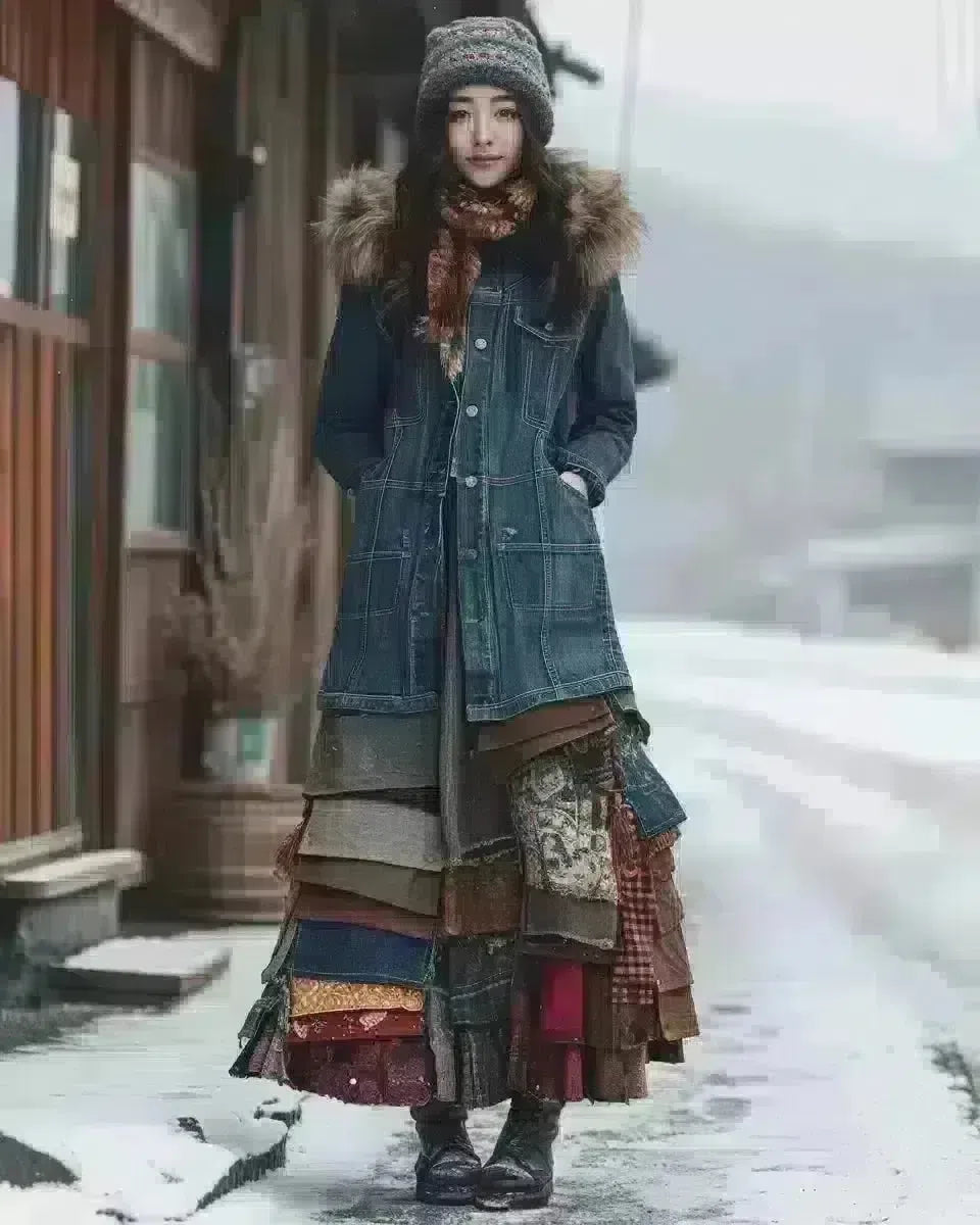 Woman in long, patchwork denim skirt with asymmetric hem, outdoors. Winter  season.