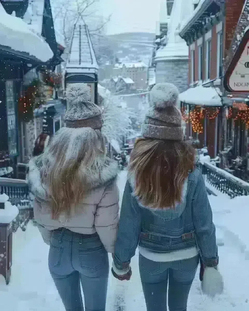 Diverse women in chic jeans dresses on Quebec's vibrant streets, French-Canadian backdrop. Late Winter  season.