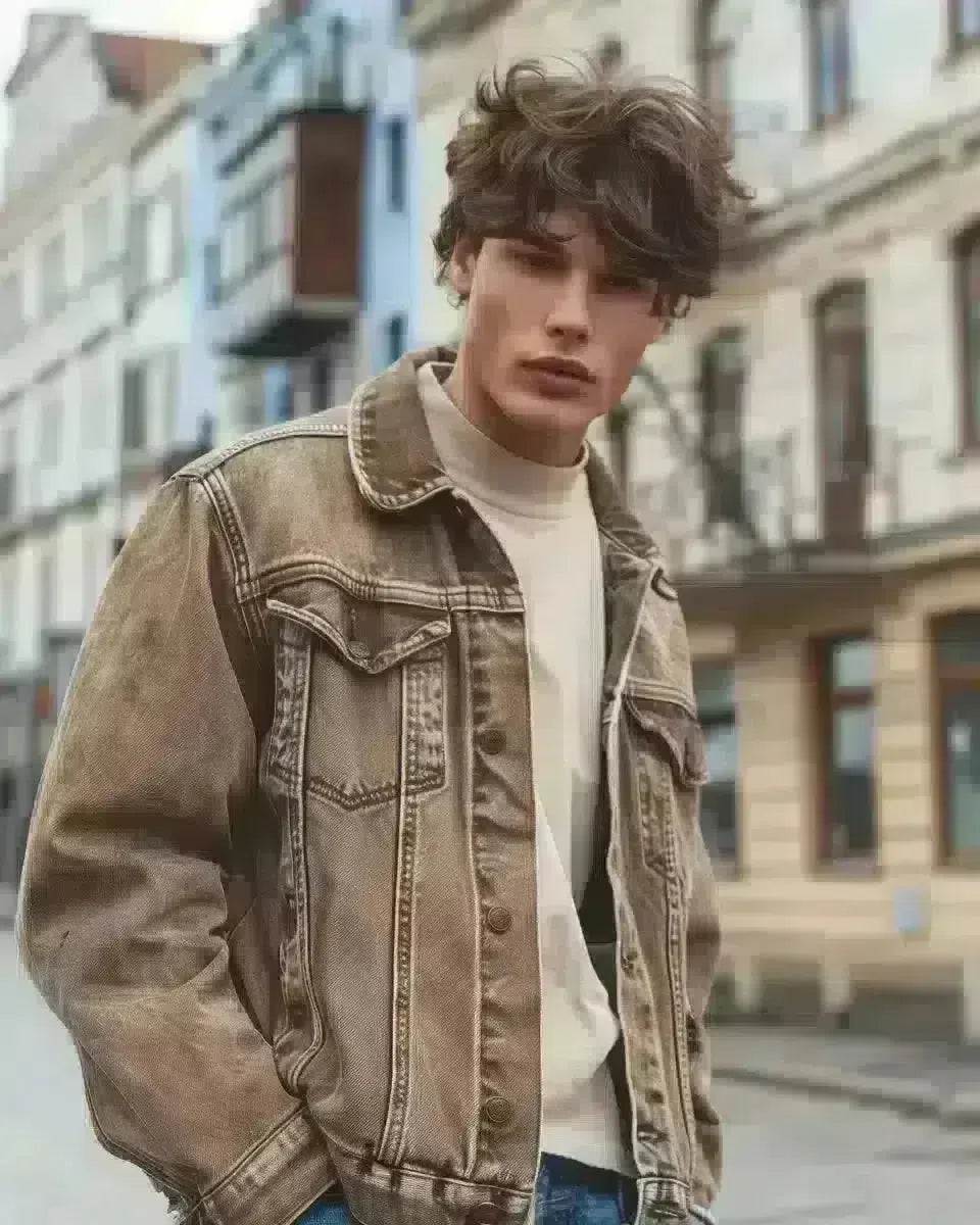 Male model in high-waisted jeans, urban backdrop, denim detail focus. Spring season.