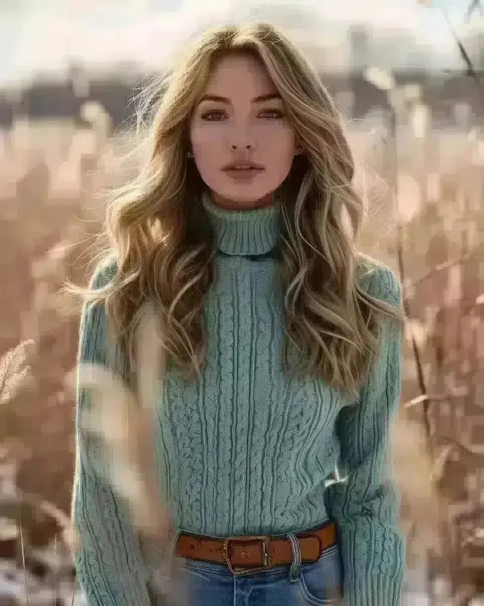 Elegant woman in indigo jeans and mint sweater, with amber belt, outdoors. Late Winter  season.