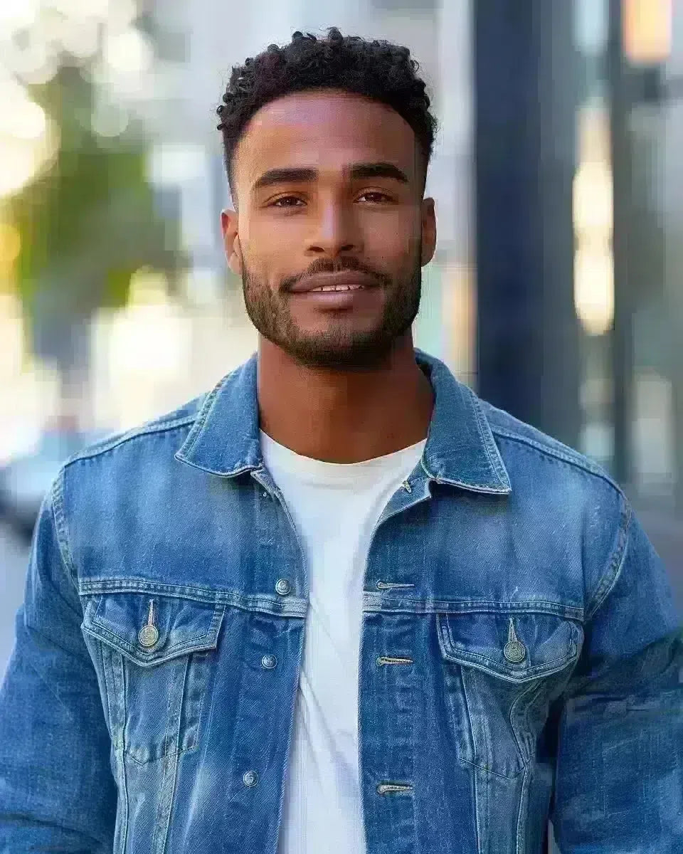 Man in bomber denim jacket, diverse ethnicity, outdoor city background from his country. Spring season.