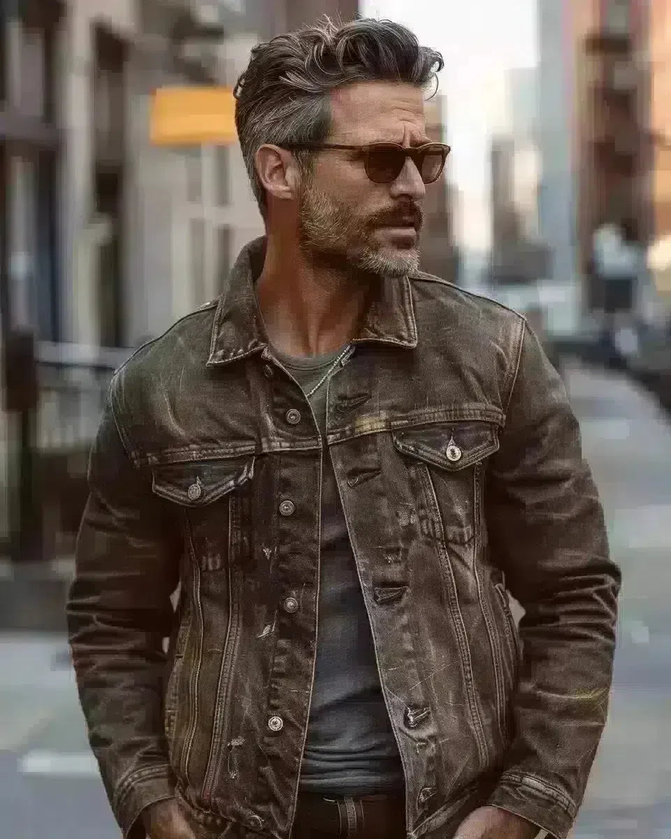 Man in a rugged brown denim jacket, blending with California's street background. Spring season.