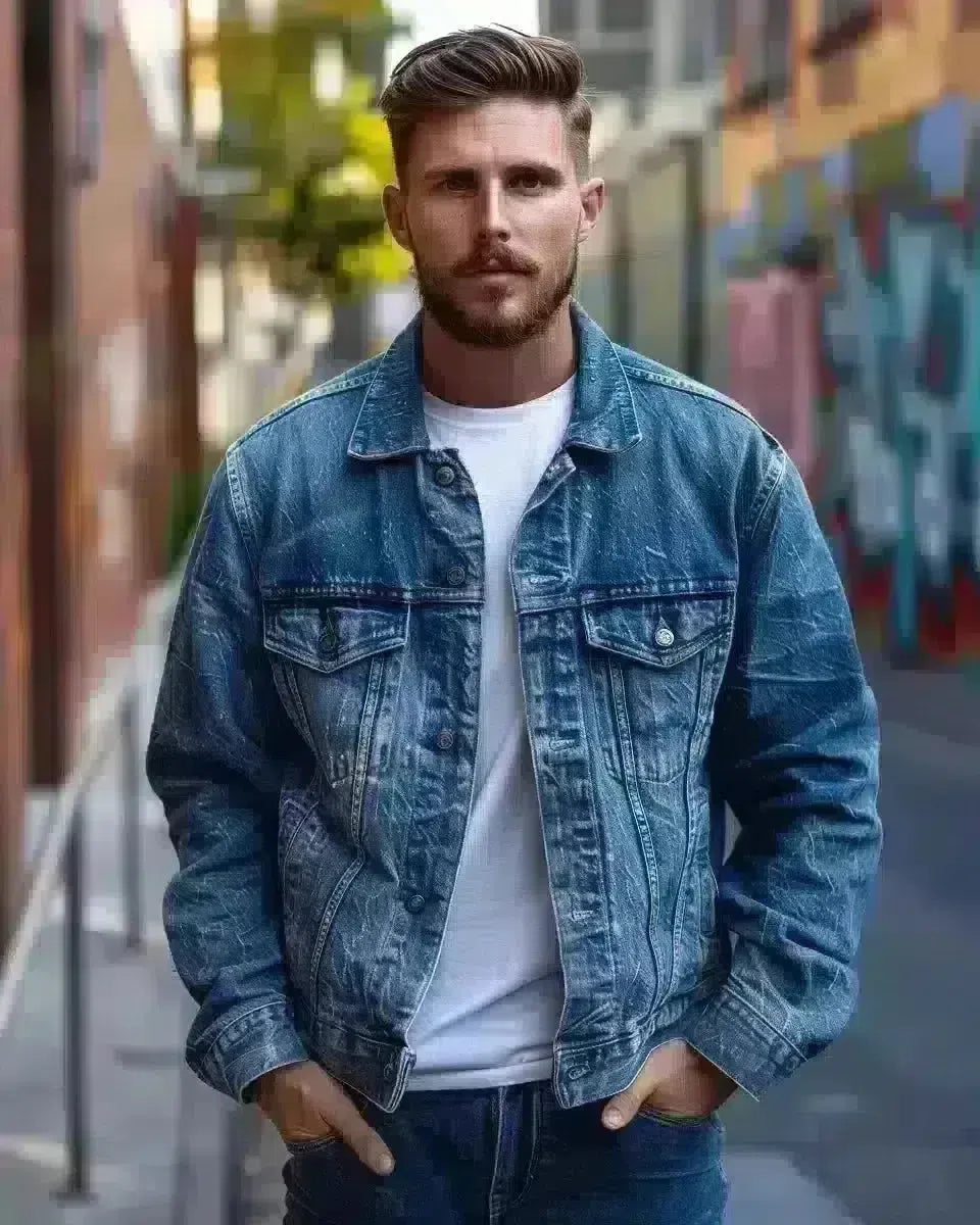 Australian man in oversized denim jacket, vibrant Queensland street backdrop. Spring season.