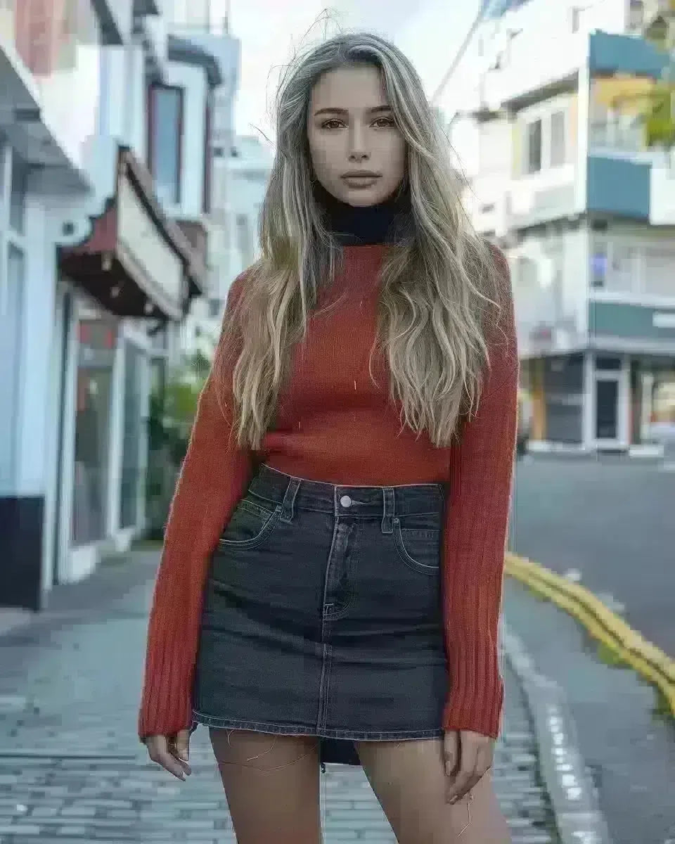 Female model in eco-friendly denim skirt on Wellington streets. Late Winter  season.