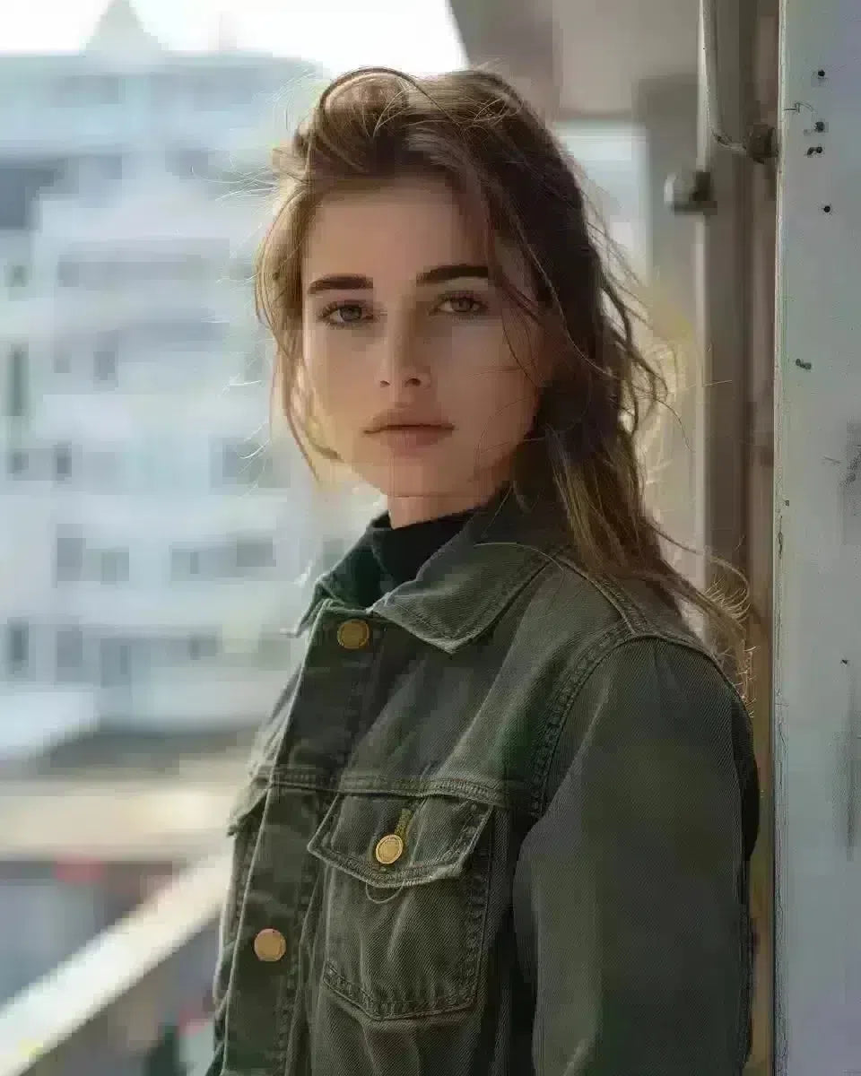 Female in green denim jacket, outdoor cityscape, reflecting local fashion. Spring season.