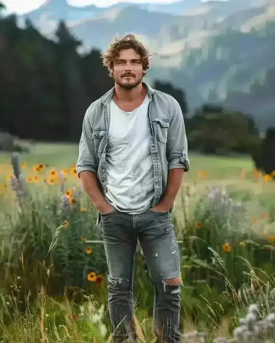 New Zealand man in grey distressed jeans, full height, vibrant Canterbury backdrop. Spring season.