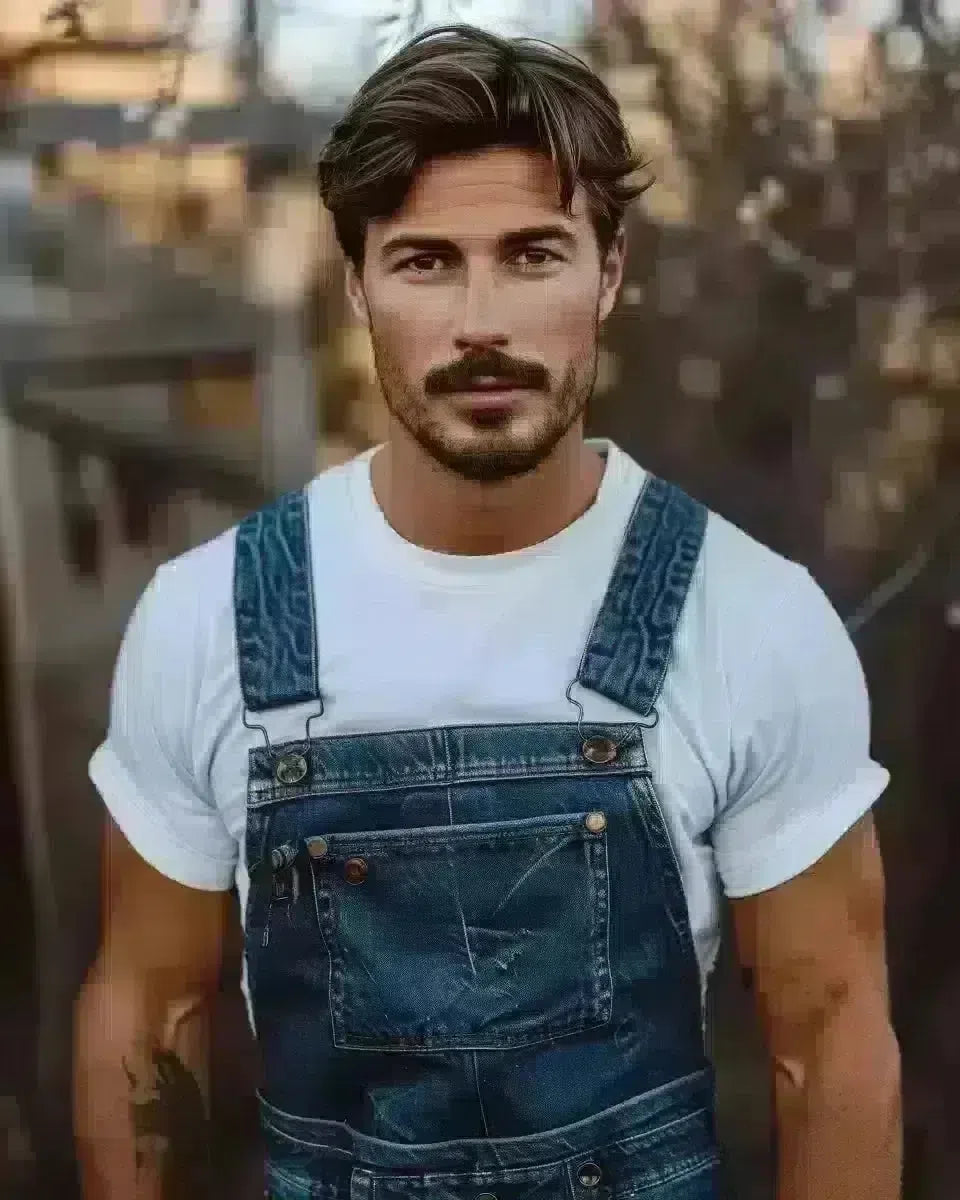 Confident man in indigo long sleeve denim overalls and white tee, outdoor urban backdrop. Late Winter season.