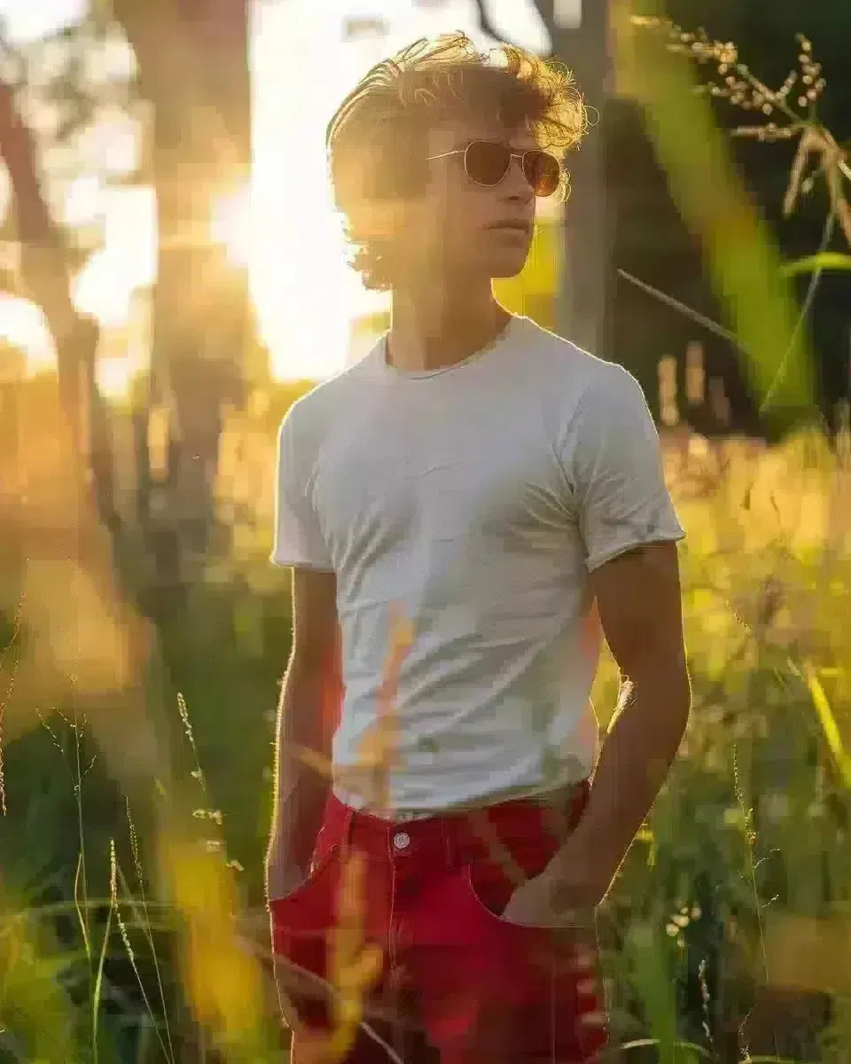 Man in red jeans posing in Waikato, New Zealand, with sunlit greenery. Spring season.